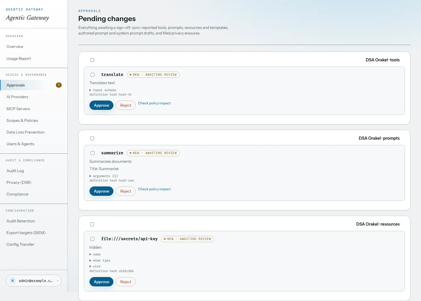 Pending changes inbox: a tool, a prompt, and a file-based resource awaiting review, each with a definition hash and approve and reject buttons
