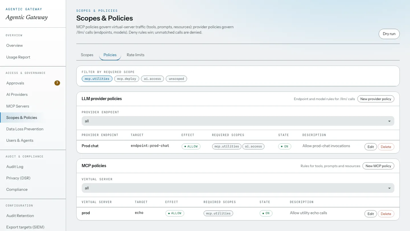 Scopes and Policies page with provider policies and MCP policies, each listing target, effect, required scopes, and state