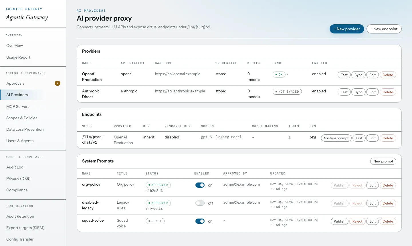 AI provider proxy: upstream providers with stored credentials, virtual endpoints under /llm, and approved system prompts